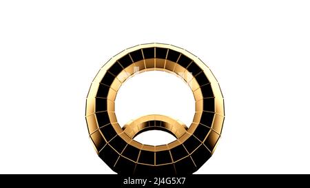 Fließende goldene Metallringe gleicher Größe auf weißem Hintergrund. Design. Technologischer runder Tunnel, nahtlose Schleife. Stockfoto