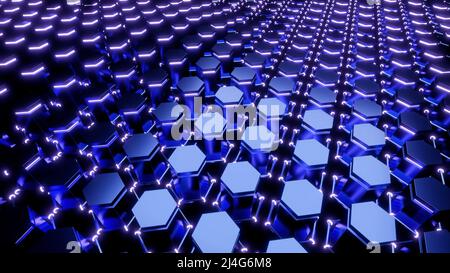 Blaue Abstraktion.Design. 3D Animation, in der blaue Figuren wie Rhomben aufsteigen und fallen und mit einem strahlend weißen Licht beleuchtet werden. Stockfoto