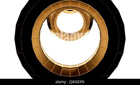 Fließende goldene Metallringe gleicher Größe auf weißem Hintergrund. Design. Technologischer runder Tunnel, nahtlose Schleife. Stockfoto