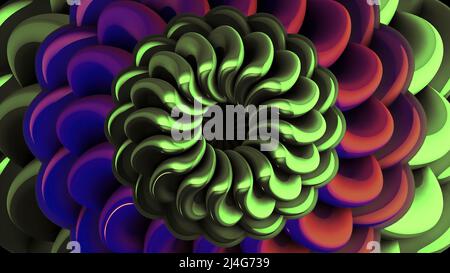 3D Muster bewegter Blumen mit hypnotischer Wirkung. Bewegung. Hypnotisches 3D Blütenmuster mit wechselnden Blütenblättern. Schöne 3D Blume bewegt und schwimmt Stockfoto