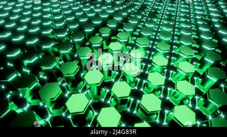 Grüner Hintergrund.Design. Grüne Fünfecke steigen im 3D-Format in Abstraktion auf und fallen zurück. Stockfoto