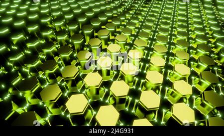 Grüner Hintergrund.Design. Grüne Fünfecke steigen im 3D-Format in Abstraktion auf und fallen zurück. Stockfoto