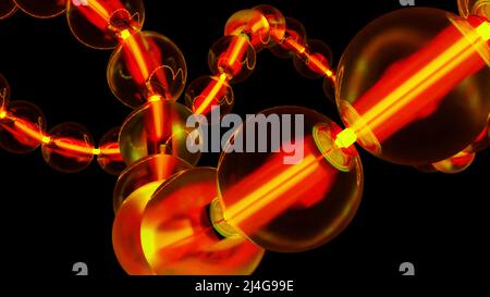 Nahaufnahme einer Glasgirlande mit transparenten Glühbirnen, die sich in der endlosen Linie bewegen. Design. Angeschlossene Glaslampen mit warmem, dunkles Licht, das sich isoliert bewegt Stockfoto