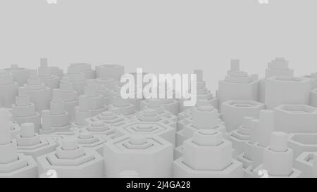 Animation von sich bewegenden Zylindern unterschiedlicher Größe in einem wellenmonochromen Muster. Design. Nahtlose auf- und Abschleifbewegung komplexer Säulen. Stockfoto