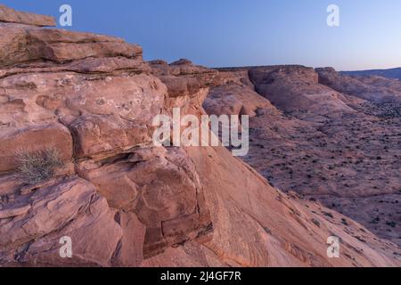 Sonnenaufgang über roten Steinfassungen und glatten Felsen im Scorpion Wilderness Study Area, Bureau of Land Management, Garfield County, Utah, USA Stockfoto