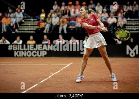 DEN Bosch - Nuria Parrizas (Spanien) im Einsatz gegen Aranxta Rus (Niederlande) im Einzelspiel der Qualifikationsrunde des Billie Jean King Cup. Die niederländischen Tennisspieler werden zwei Tage lang gegen Spanien spielen, in der Hoffnung, die Qualifikation zu erreichen. ANP SANDER KING Stockfoto