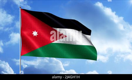 Abstrakte Nationalflagge Jordaniens, die vor weißen, fließenden Wolken kräuselt, nahtlose Schleife. Bewegung. Konzept von Politik und Patriotismus. Stockfoto