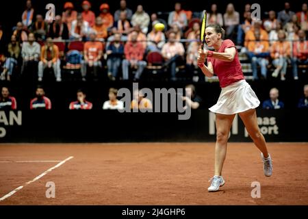 DEN Bosch - Nuria Parrizas (Spanien) im Einsatz gegen Aranxta Rus (Niederlande) im Einzelspiel der Qualifikationsrunde des Billie Jean King Cup. Die niederländischen Tennisspieler werden zwei Tage lang gegen Spanien spielen, in der Hoffnung, die Qualifikation zu erreichen. ANP SANDER KING Stockfoto