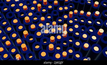 Spalten bewegen sich in Kurven. Bewegung. Animation mit vielen beweglichen Zylindern mit Stangen. Animierter Hintergrund mit 3D Spalten aufsteigender Wellen Stockfoto