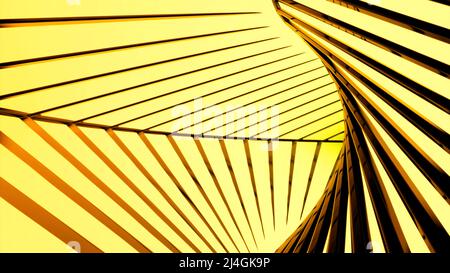 Gelber und grüner glänzender Hintergrund.Design. Eine Abstraktion, die wie ein Tunnel mit schwarzen Streifen von innen gemacht wurde. Stockfoto