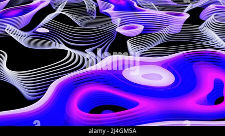Blots auf schwarzem Hintergrund.Design. Bunte Flecken entwickeln sich und bewegen sich, verbinden und trennen sich miteinander. Stockfoto