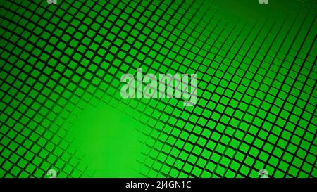 Bewegungshintergrund mit sich bewegenden geometrischen Formen. Design. Grüne Textur mit beweglichen Reihen flacher Quadrate mit leichtem Glare, nahtloser Schleife. Stockfoto
