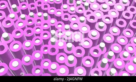 Spalten bewegen sich in Kurven. Bewegung. Animation mit vielen beweglichen Zylindern mit Stangen. Animierter Hintergrund mit 3D Spalten aufsteigender Wellen Stockfoto