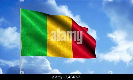 Mali Flagge winkt im Wind, nahtlose Schleife. Bewegung. Gelbe, rote und grüne Nationalflagge auf realistischem Himmelshintergrund. Stockfoto