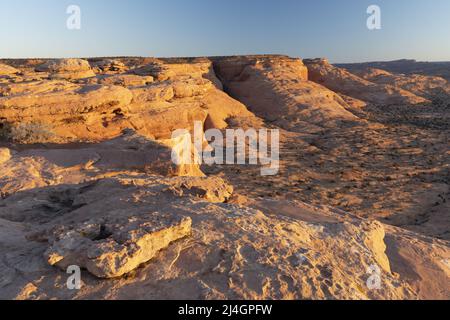 Sonnenaufgang über roten Steinfassungen und glatten Felsen im Scorpion Wilderness Study Area, Bureau of Land Management, Garfield County, Utah, USA Stockfoto