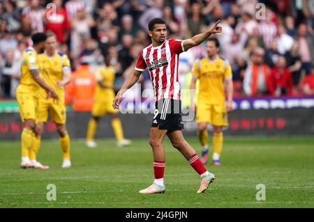 Iliman Ndiaye von Sheffield United feiert das erste Tor ihrer Spielseite während des Spiels der Sky Bet Championship in der Bramall Lane, Sheffield. Bilddatum: Freitag, 15. April 2022. Stockfoto