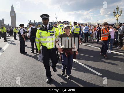 Eine Frau wird von der Polizei weggeführt, nachdem sie an einem Protest gegen die Ausrottung der Rebellion auf der Westminster Bridge in London teilgenommen hat. Bilddatum: Freitag, 15. April 2022. Stockfoto