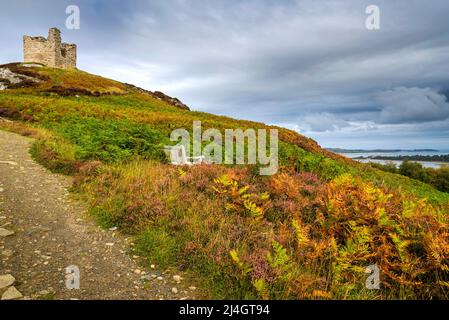 Ein Pfad führt durch Bracken, herbstlich, zum Castle Varrich, einem kleinen ruinierten Gebäude auf einem Hügel in der Nähe von Tongue an der Nordküste 500. Stockfoto