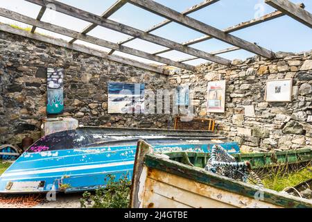 Ein altes, ruiniertes und dachloses Gebäude mit alten Booten bildet eine ungewöhnliche Kunstgalerie in der Skerray Bay an der Nordküste Schottlands direkt vor der NC500. Stockfoto