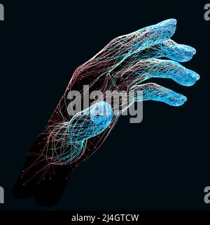Hand, künstliche Technik. Digitale Welt auf Knopfdruck. Zukunft des Menschen. Robotertechnologie. Digitales Hologramm. 3D Rendern Stockfoto