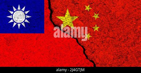 China und Taiwan. Kennzeichnet Hintergrund. Militärischer Konflikt und Krieg. Freundschaften und Zusammenarbeit. Bemalt auf Betonwände Banner Stockfoto