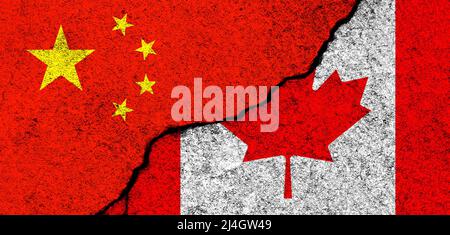 China und Kanada. Kennzeichnet Hintergrund. Konzept von Politik, Wirtschaft, Kultur und Konflikten, Krieg. Freundschaften und Zusammenarbeit. Auf Betonwände gestrichen b Stockfoto