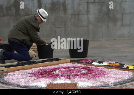 Spanien. 14. April 2022. Am 14. April 2022 werden in Guia de Isora, Spanien, Blumeninstallationen und Wandmalereien entlang der Prozession für die heilige Woche aufgestellt. (Foto von Mercedes Menendez/Pacific Press/Sipa USA) Quelle: SIPA USA/Alamy Live News Stockfoto