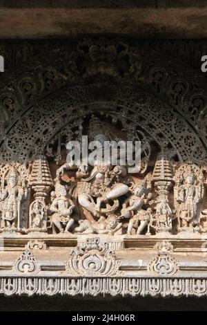 Hoysaleswara Tempel Skulptur Arbeit Halebidu Karnataka Indien, 12.-Jahrhundert Hindu-Tempel Shiva gewidmet, Es ist das größte Denkmal in Halebidu, die Stockfoto