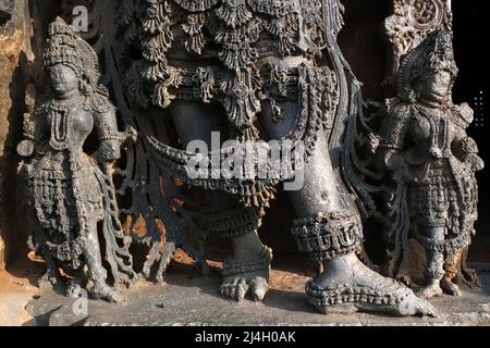 Hoysaleswara Tempel Skulptur Arbeit Halebidu Karnataka Indien, 12.-Jahrhundert Hindu-Tempel Shiva gewidmet, Es ist das größte Denkmal in Halebidu, die Stockfoto