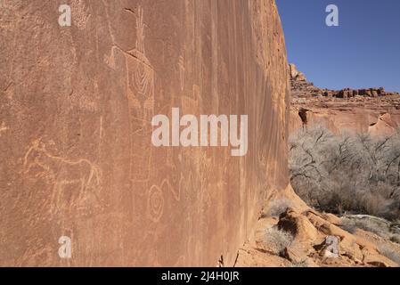 Felskunst der Petroglyphen auf Sandsteinklippen in der Nähe des Neon Canyon, Glen Canyon National Recreation Area, Garfield County, Utah, USA Stockfoto