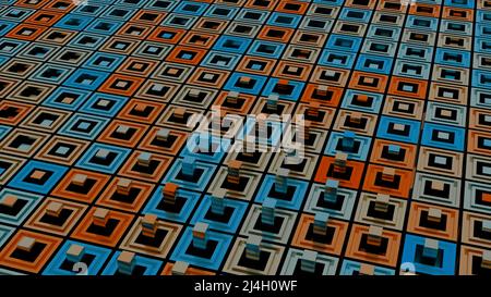 Abstract 3D Textur mit gleicher Größe hohle Quadrate und springende Säulen von jedem von ihnen. Design. 3D Textur mit bunten Rechtecken. Stockfoto