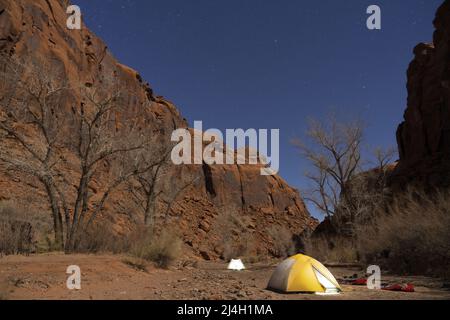 Camping unter Sternenhimmel, Moody Canyon, Glen Canyon National Recreation Area, Kane County, Utah, USA Stockfoto