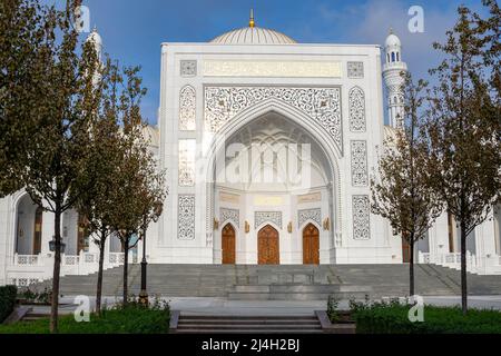 SCHALI, RUSSLAND - 28. SEPTEMBER 2021: Fragment der Moschee 'Stolz der Muslime' an einem bewölkten Septembermorgen. Shali, Tschetschenische Republik Stockfoto