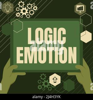 Schild, das Logic Emotion anzeigt. Konzept bedeutet unangenehme Gefühle wandte sich an Selbstachtung vernünftige Geist Hand mit Big Tablet Suche Pläne für Stockfoto