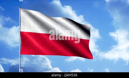 Winkende polnische Flagge über dem Himmel mit Wolken, nahtlose Schleife. Bewegung. Wehende weiße und rote Flagge mit den horizontalen Streifen auf dem Hintergrund des bewölkten Himmels. Stockfoto