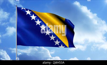 Flagge von Bosnien und Herzegowina auf fließendem Wolkenhintergrund. Bewegung. Wunderschöne winkende Flagge in blauen und goldenen Farben mit weißen Sternen. Stockfoto