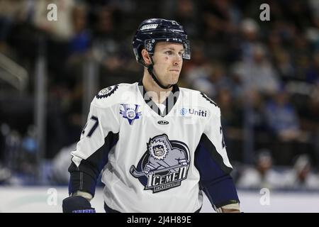 Jacksonville Icemen Stürmer Ian McKinnon (27) während eines ECHL-Eishockeyspiels gegen die Greenville Swamp Rabbits in der Veterans Memorial Arena in Jacksonville, Florida, Mittwoch, 13. April 2022. [Gary Lloyd McCullough/Cal Sport Media] Stockfoto