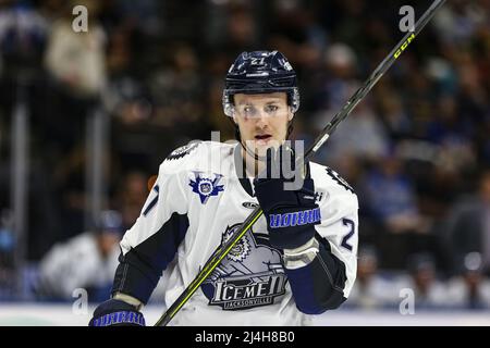 Jacksonville Icemen Stürmer Ian McKinnon (27) während eines ECHL-Eishockeyspiels gegen die Greenville Swamp Rabbits in der Veterans Memorial Arena in Jacksonville, Florida, Mittwoch, 13. April 2022. [Gary Lloyd McCullough/Cal Sport Media] Stockfoto