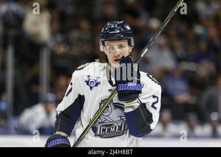 Jacksonville Icemen Stürmer Ian McKinnon (27) während eines ECHL-Eishockeyspiels gegen die Greenville Swamp Rabbits in der Veterans Memorial Arena in Jacksonville, Florida, Mittwoch, 13. April 2022. [Gary Lloyd McCullough/Cal Sport Media] Stockfoto