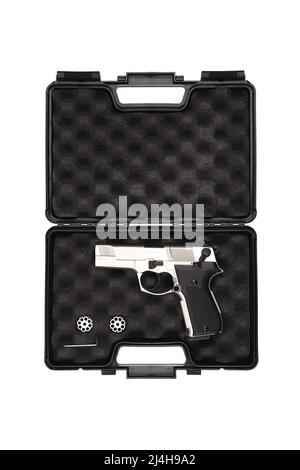 Luftpistole. Moderne pneumatische Waffe für Air Soft, Sport und Unterhaltung. Ein Dummy, eine Kopie einer echten Pistole. Isolieren auf weißem Hintergrund. Stockfoto