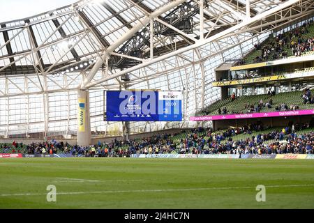 Aviva Stadium, Dublin, Irland. 15. April 2022. European Champions Cup Rugby, Leinster gegen Connacht; die Vollzeitpunktzahl auf der Anzeigetafel Credit: Action Plus Sports/Alamy Live News Stockfoto