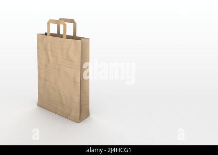 Papiertüte aus Kraftpapier, isoliert auf weißem Hintergrund, mit Platz für Kopien für Modellierungsprojekte. Stockfoto