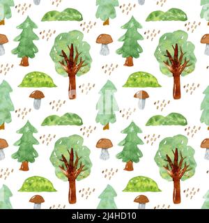 Aquarellmuster mit Waldbäumen, Pilzen und Hügeln. Unendlicher Hintergrund. Nahtlose Textur Stockfoto