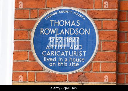 Thomas Rowlandson, blaue Plakette. Geehrt vom London County Council zu Ehren des Künstlers und Karikaturisten, der in einem Haus hier, der John Adam Street, lebte Stockfoto