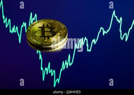 Goldene Bitcoin-Reflexionen isoliert auf dem Spiegel mit einem digitalen Börsenchart. Krypto-Währung BTC Golden Bitcoin selektiver Fokus Nahaufnahme. Stockfoto