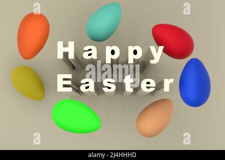 Mehrfarbige Eier und die Aufschrift Frohe Ostern. Draufsicht. 3D Rendern. Stockfoto