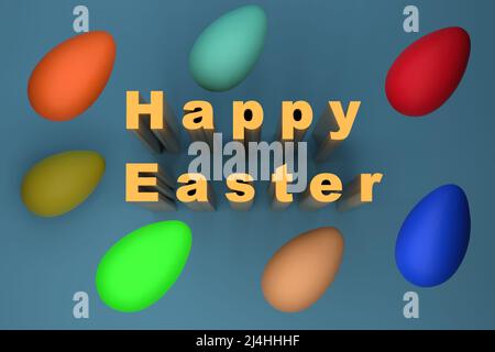 Mehrfarbige Eier und die Aufschrift Frohe Ostern. Berquoise Hintergrund. Blick von oben. 3D Rendern. Stockfoto