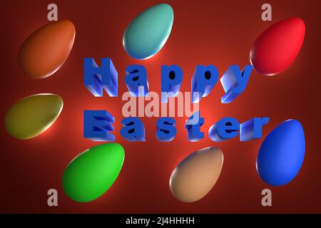 Mehrfarbige Eier und die Aufschrift Frohe Ostern. Roter Hintergrund. Blick von oben. 3D Rendern. Stockfoto