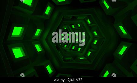 Fahrt durch den futuristischen Neontunnel. Design. Ein futuristischer Tunnel mit Neonlicht. Tunnel im Raumschiff oder in Matrix Stockfoto