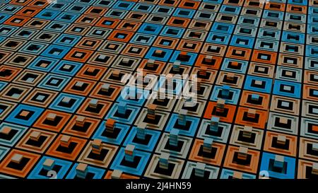 Abstract 3D Textur mit gleicher Größe hohle Quadrate und springende Säulen von jedem von ihnen. Design. 3D Textur mit bunten Rechtecken. Stockfoto
